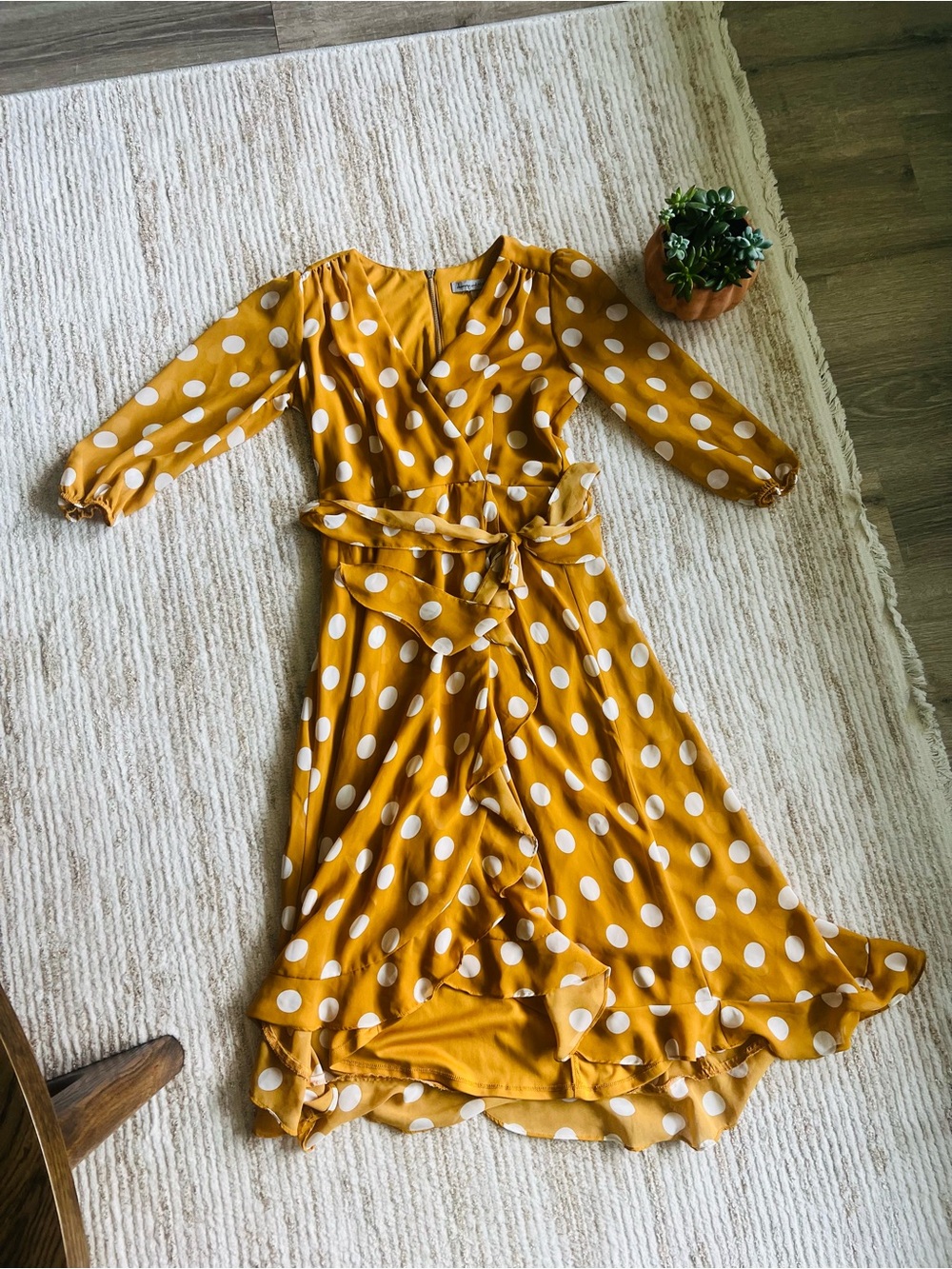 Danny & Nicole Mustard Yellow Polka Dot Wrap Midi Dress